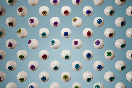 Floating 3D eyeballs with colorful iris pattern