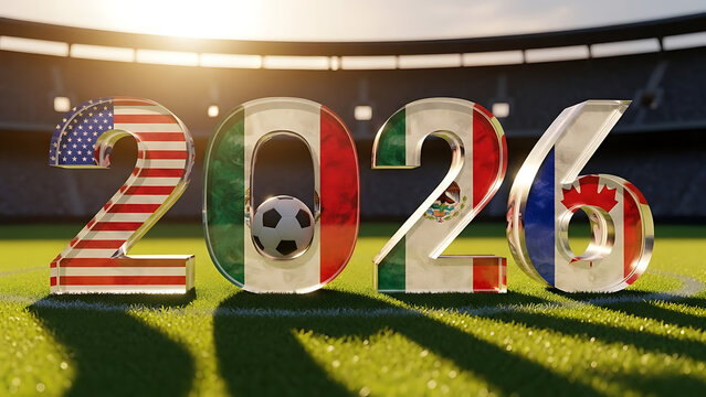 A creative depiction of the year 2026, combining soccer and international flags on a stadium pitch, symbolizing the upcoming competition. The image incorporates national flags and a soccer ball.