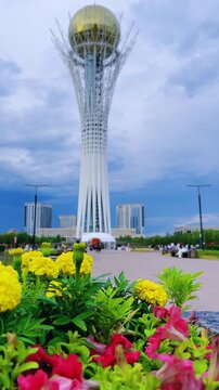 ASTANA, KAZAKHSTAN &ndash; July 30, 2023: Baiterek Tower. Monument and observation tower in Kazakhstan. The main symbol of the city against the background of modern buildings. The city of Nur Sultan. 4K