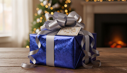 Beautifully wrapped blue gift box with ribbon and tag, elegant decoration for holidays