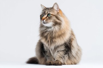 Obraz premium Cute Cat Sitting Calmly on a White Background in Studio Lighting for Pet Photography and Animal Portraits