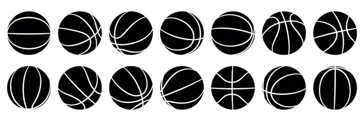 Collection of black and white basketball from different angles. Flat vector illustration isolated on a white background.