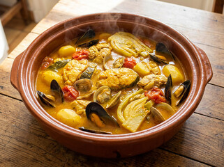 Bouillabaisse traditionnelle proven&ccedil;ale aux poissons et fruits de mer