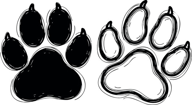 Hand drawn sketch style black and white dog paw prints, one solid filled and one outlined, playful doodle vector art for pet branding and animal adoption themes