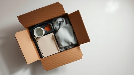 Corporate welcome kit box on desk hero background for onboarding campaign banner