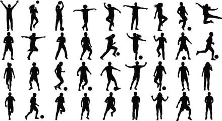 Soccer silhouette, athlete action, football movement, dynamic pose, sports icon, kicking ball, running player, black figure, energetic motion, celebration