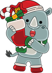Cartoon Rhinoceros character celebrating Christmas