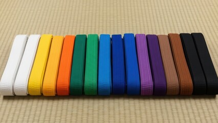 Colored martial arts belts on tatami mat displayed in sequence