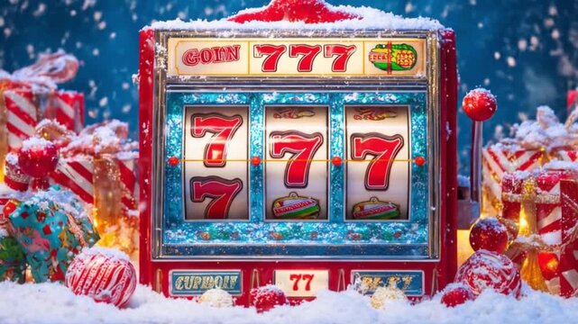 Festive snowy slot machine gleams with triple sevens amid gifts, candy canes, and twinkling lights!!