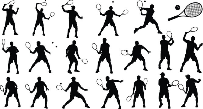 Tennis silhouette, player action, racket swing, serve motion, sports posture, black figure, dynamic pose, athletic movement, game moment, isolated background