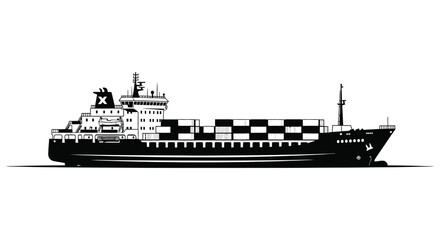 a detailed black and white image of a cargo ship with a checkered hull silhouette