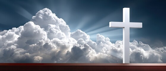 Cross on the roof of an old church with sun rays shining through dramatic clouds at sunset creating a peaceful scene