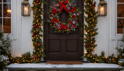 Festive Christmas entrance with wreath, garland, and warm lights, creating a cozy holiday atmosphere