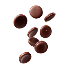 Fototapeta premium Falling melted chocolate drops isolated on a transparent white background, clipping path, pen too