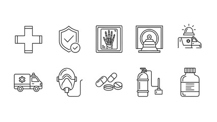 Medical health hospital emergency ambulance oxygen mask x ray pills medicine safety icons vector illustration