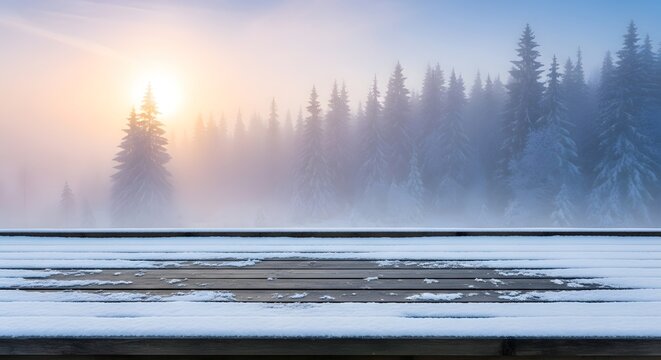 Misty sunrise over a snow covered forest landscape with wooden table - Powered by Adobe