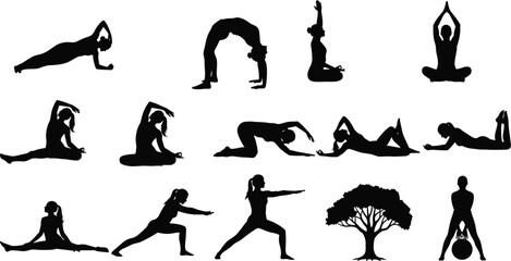 Yoga silhouettes, fitness poses, meditation postures, stretching exercises, wellness icons, black figures, balance training, body movement, healthy lifestyle, vector art