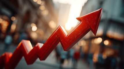 A close up of a red arrow pointing upwards against a blurred background