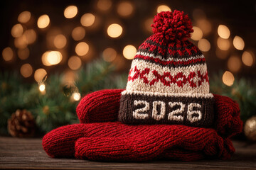 Knitted hat with 2026 for winter holiday celebration
