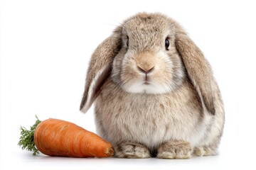 Adorable fluffy rabbit sitting beside a vibrant carrot on a clean white background, perfect for spring-themed designs and animal lovers
