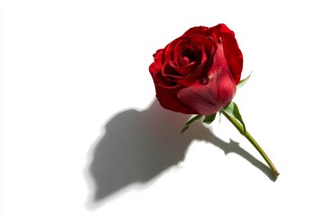 Single Red Rose with Soft Shadow on White Background Highlighting Natural Beauty and Elegance