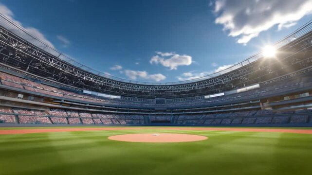 Wide-angle view of a sunny baseball stadium, green field, empty seats, and bright blue sky overhead