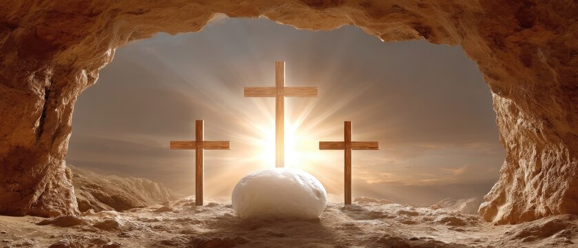 Empty tomb of Jesus Christ with three crosses and glowing light inside represents hope and renewal during Easter celebration at sunset