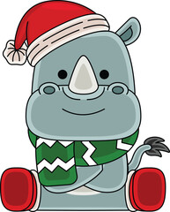 Cartoon Rhinoceros character celebrating Christmas