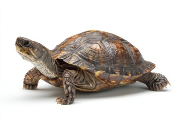 Obraz premium A Close-Up of a Turtle Walking Slowly Against a White Backdrop with Detailed Shell Texture