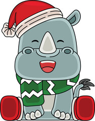 Cartoon Rhinoceros character celebrating Christmas
