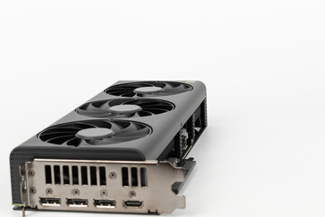 Close up of fan 2,5 slot graphics card for creators and gamers for desktop PC, on white background