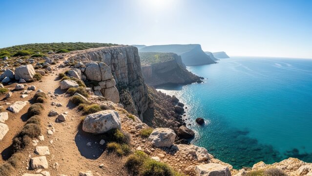 Scenic coastal cliff path with clear blue ocean and rocky landscape