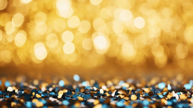 Festive blue and gold confetti scattering over a surface with warm golden bokeh lights creating a celebratory atmosphere and copy space - Powered by Adobe