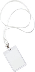 Clear plastic ID badge holder with white lanyard on a plain background, ready for customization.