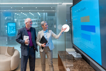 Business professionals analyzing product growth data on screen