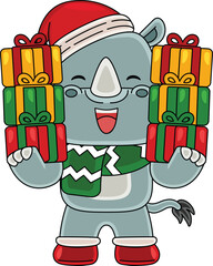 Cartoon Rhinoceros character celebrating Christmas