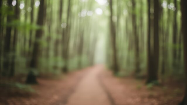 Blurred forest pathway with lush greenery and tall trees