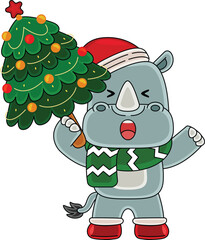 Cartoon Rhinoceros character celebrating Christmas
