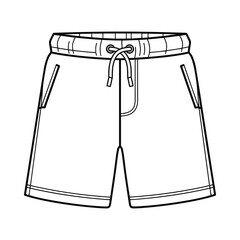 Simple line drawing of athletic shorts with drawstring and pockets