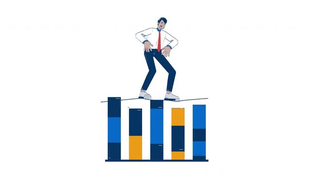Shaky financial situation doodle animation. Worried indian businessman struggling to balance atop unstable bar chart animated 2D flat cartoon concept, white background. 4K video motion graphic