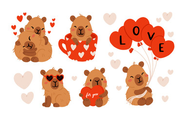 Cute Valentines Day capybara clipart set with heart balloons, romantic couple, capybara in cup, kawaii animals with hearts, love messages, adorable characters for cards, stickers and print