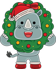 Cartoon Rhinoceros character celebrating Christmas