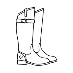 Line art drawing of tall riding boots with buckle and heart detail