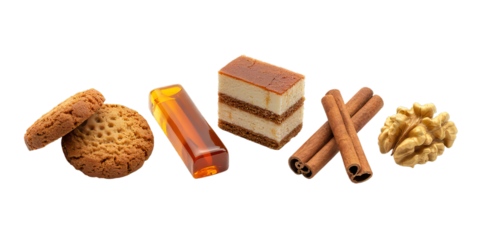 A delightful arrangement of baking ingredients and sweet treats, featuring cookies, a layered cake slice, honey candy, cinnamon sticks, and a walnut, all isolated on a white background.