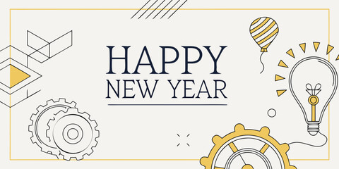 Fototapeta premium Happy New Year Illustration – Light Bulb, Gears & Hot Air Balloon in Gold-Gray Modern Celebration Theme