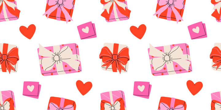 Valentines day elements vector seamless pattern. Gifts, envelope, heart, dessert, messages, candies, locks and other traditional decorations. Cartoon doodle style.