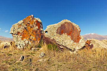 Ancient stones of Karahunge also known as Zorats Karer - "Armenian Stonehenge", prehistoric archaeological site located on a rocky plateau near Sisian. Syunik Province, Armenia