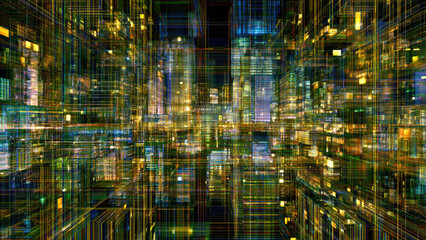 A vibrant, abstract digital cityscape or circuit board network, featuring glowing lines and geometric shapes representing data flow and technological infrastructure.