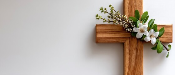 Wooden cross with willow branches beautifully arranged for Easter celebration with blank space for text addition