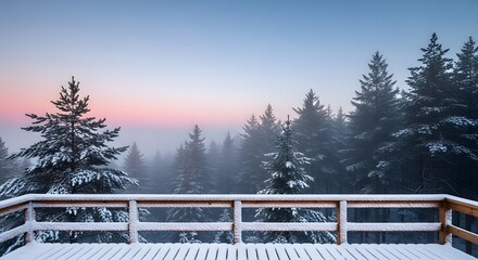 Snow covered deck overlooking misty forest at sunrise